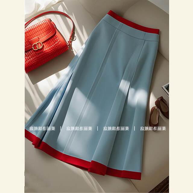 Niche Design, High-End, Light Luxury, Super Stylish, Fashionable, Versatile, Unique, Exquisite Blue Color-Blocked Midi Skirt for Women