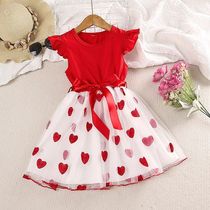 Kids Dress 4-7 Years Red Wing-Sleeve Heart Pattern Patchwork