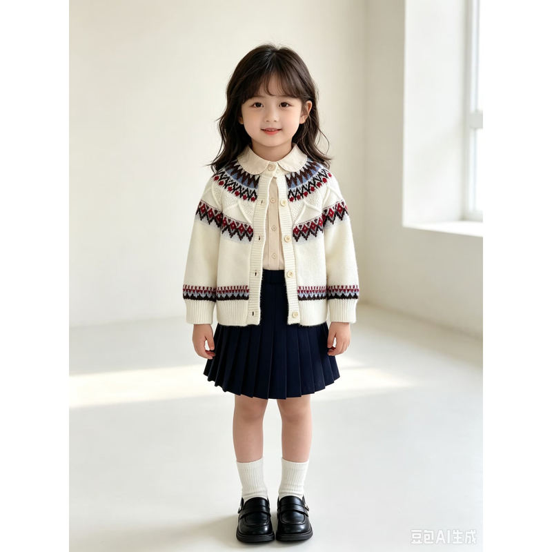 2026 Autumn/Winter New Girls' Cardigan Sweater Fair Isle Jacquard Baby Girl Coat Fashionable Knitwear for Young Children