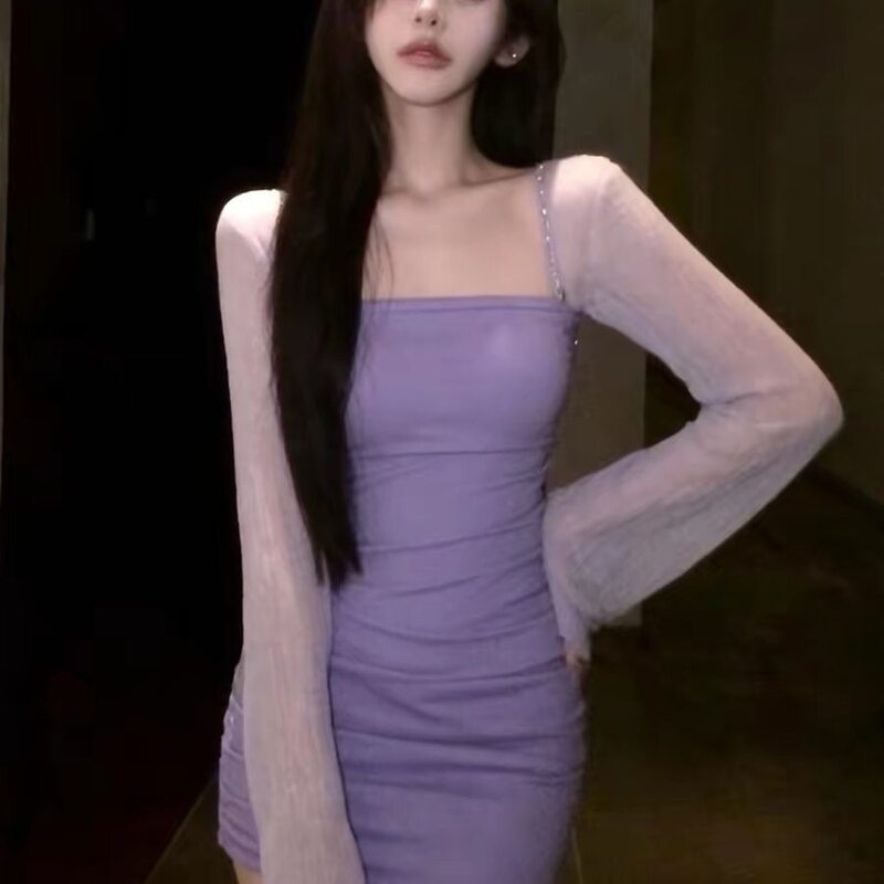 Gentle and Atmospheric Vibe, Mesh Splicing Purple Dress, 2026 Spring and Autumn New Women's Fitted Dress Gentle and Atmospheric Vibe, Mesh Splicing Purple Dress, 2026 Spring and Autumn New Women's Fitted Dress