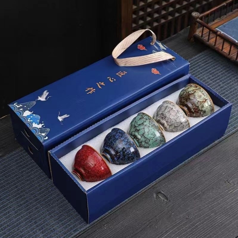 Ceramic Cup Set Popular on Social Media【Master-Grade Five-Element Gift for Home Use】New Commercial Tea Cup with Kiln-Glazed Finish
