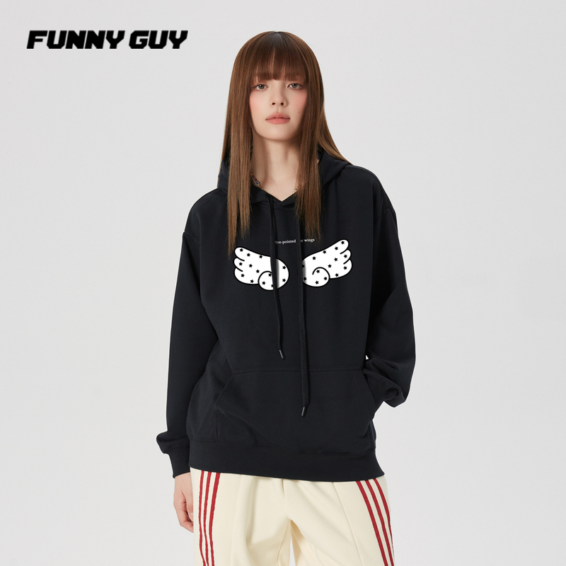 Funny Guy Original Design Five-Pointed Star Wing Print Hooded Sweatshirt Autumn Slim-Fit Couple's Trendy Top Funny Guy Original Design Five-Pointed Star Wing Print Hooded Sweatshirt Autumn Slim-Fit Couple's Trendy Top