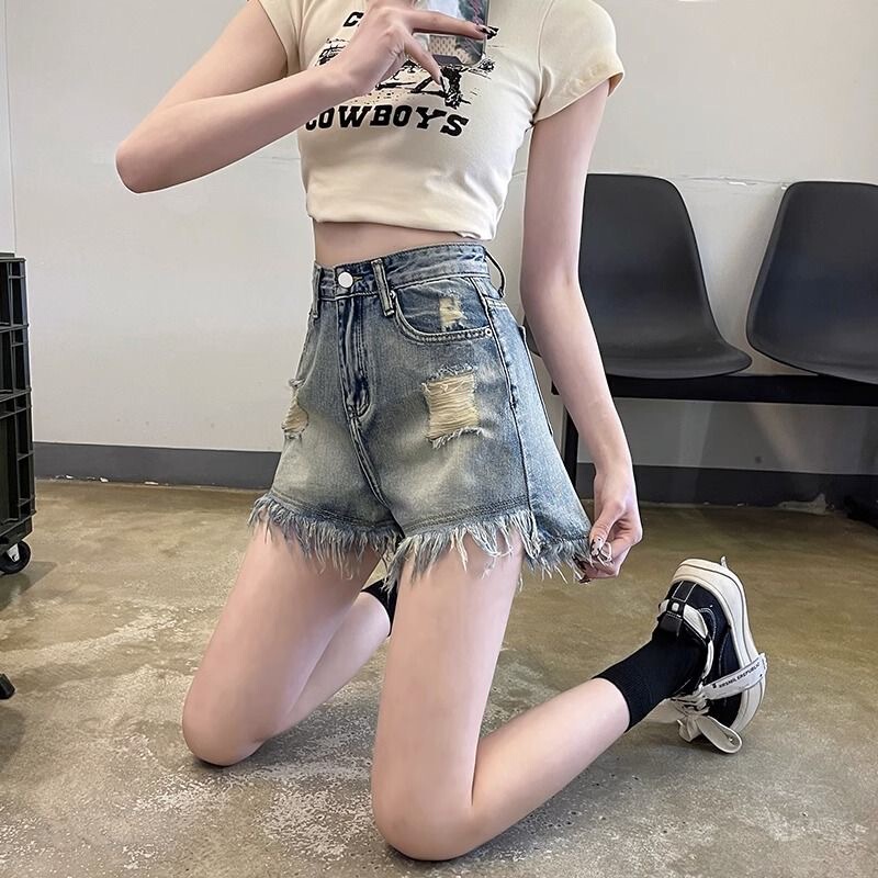 Vintage Frayed Ripped Denim Shorts for Women 2026 Summer New High-Waisted Slimming Wide-Leg Hot Pants Trendy Shorts Vintage Frayed Ripped Denim Shorts for Women 2026 Summer New High-Waisted Slimming Wide-Leg Hot Pants Trendy Shorts
