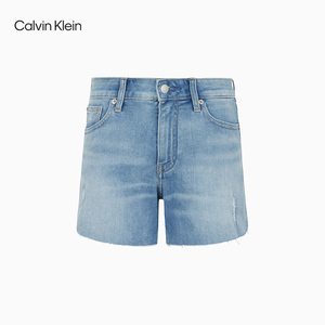 CK Jeans 2021春夏新款女装时尚蓝色水洗做旧拉毛牛仔短裤J216473