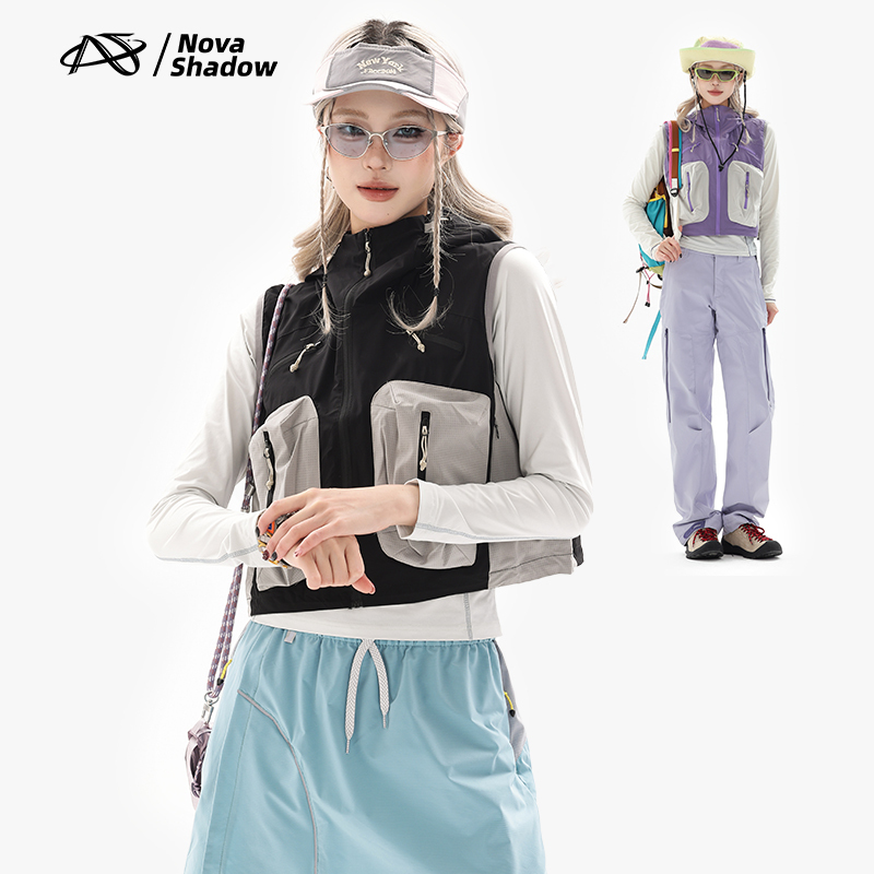 Nova Shadow Outdoor Functional Workwear Color-Block Sleeveless Multi-Pocket Hiking Hooded Vest Trendy