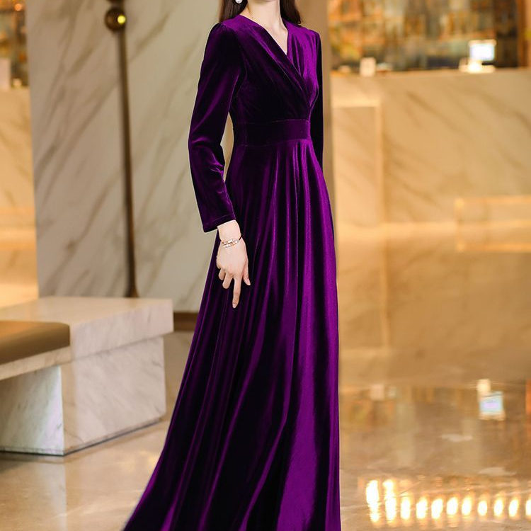 Spring and Autumn Long-Sleeved Performance and Catwalk Cheongsam, Gold Velvet Wedding Dress, Long Skirt, Loose and Elegant, Slimming and Belly-Covering Skirt