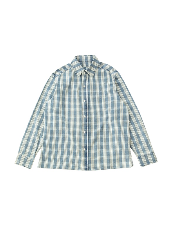 26Aw Palaka Indigo Plaid Fabric Loose Casual Long-Sleeved Shirt
