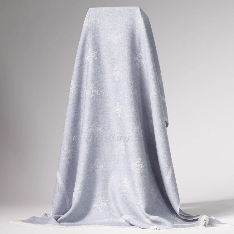 Exhibition-Grade Italian Summer Bee Jacquard Silk Cashmere Scarf Shawl for Women, Haze Blue