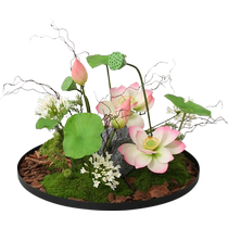 Simulated lotus flower arrangement round tabletop lotus leaf green plant micro landscape hotel dining table Chinese round table centerpiece