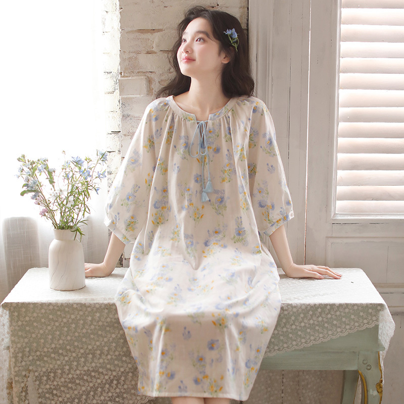 Pure Cotton Type a Pajamas for Women, 2025 New Summer Korean Style Gauze Nightdress, Pure Desire Style, Three-Quarter Sleeve Loungewear