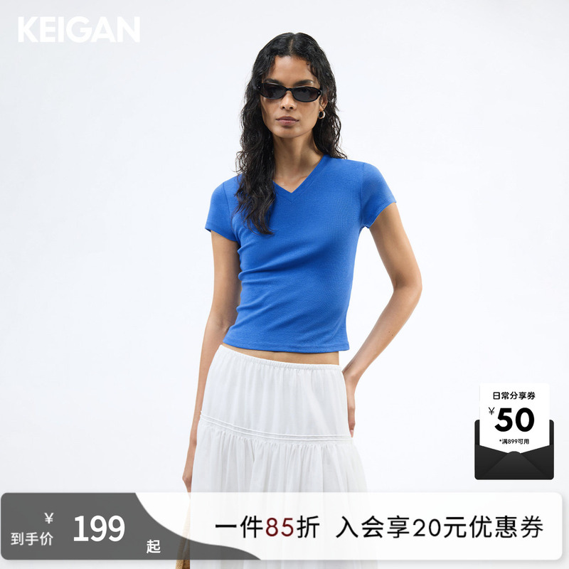 Keigan/American-Style Waist-Length Short T-Shirt, Super Elastic Silk Modal Long-Staple Cotton Versatile Round-Neck Tight-Fitting T-Shirt