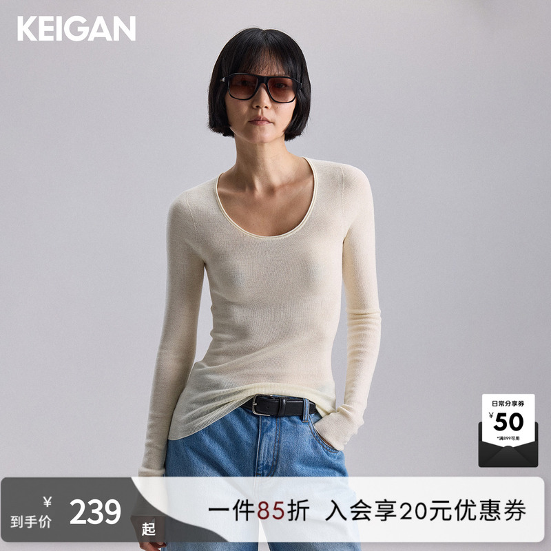 Keigan/Full Wool 16-Gauge Seamless One-Piece Slim-Fit Small/Large Round Neck Long-Sleeve Knit Base Shirt Long T-Shirt