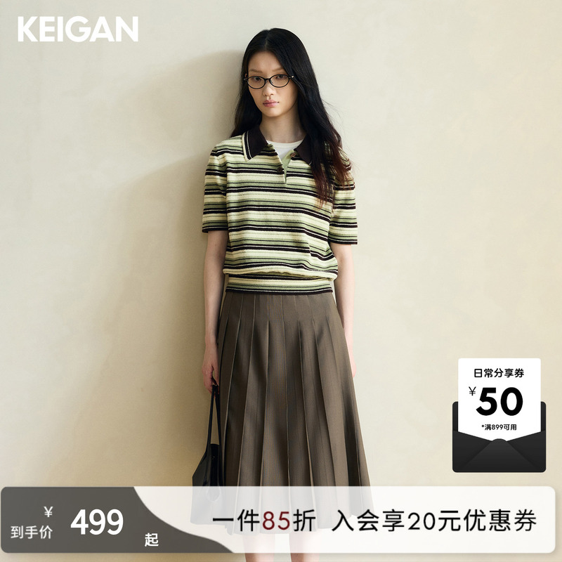 Keigan/Soft and Cozy Wild Silk Merino Wool Fashionable Color-Block Striped Knit Cardigan Short Polo Shirt