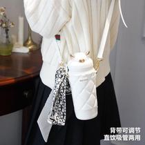 Straw thermos cup for good-looking women as a gift for birthday outdoor with cup cover and strap portable water cup Wanyue White