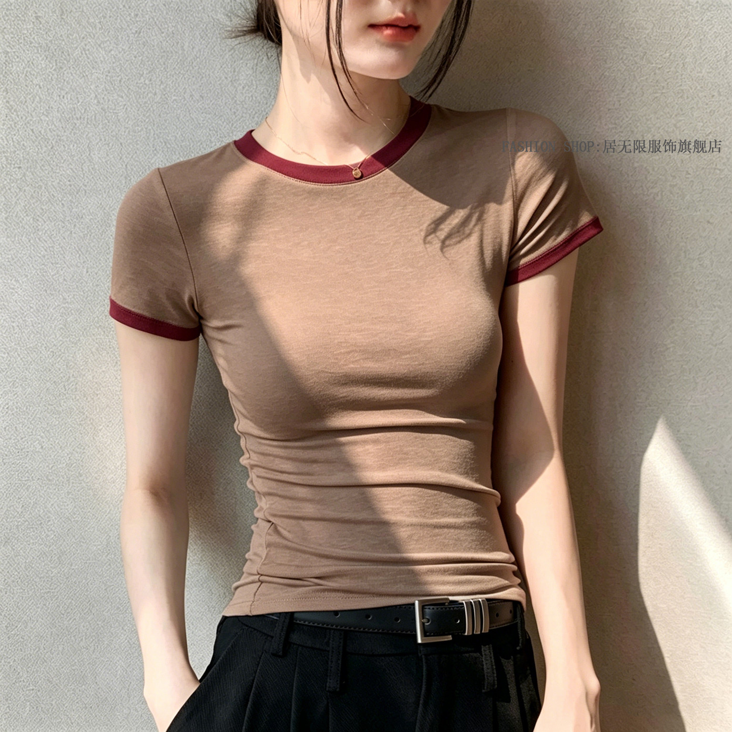 Combed Cotton T-Shirt for Women, Short-Sleeved, Color-Blocked, High-End, Unique Design, Niche Style, Korean Chic Base Shirt