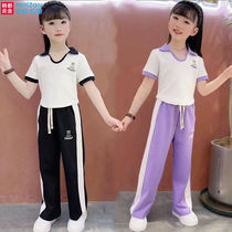 Barabaza girls suit for summer new style medium-sized and older childrens color-blocked Polo collar wide-leg pants versatile two-piece set