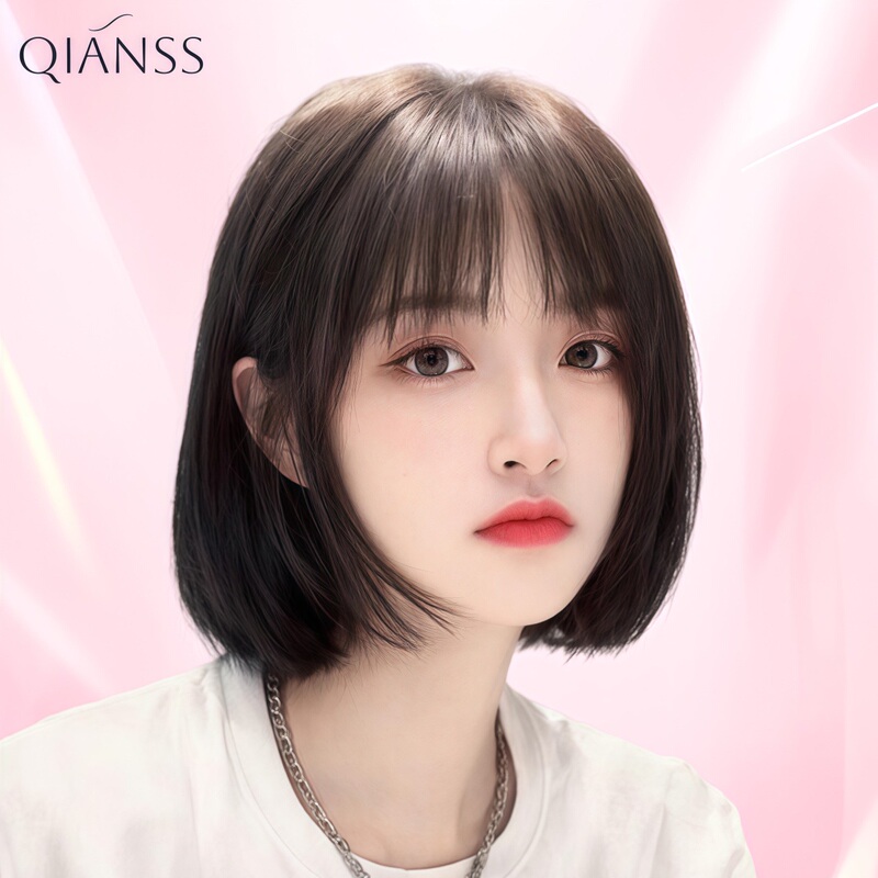 Bob Wig for Women, Full Head Wig Made of Real Human Hair, Air Bangs, Seamless Natural Look, Age-Reducing Effect