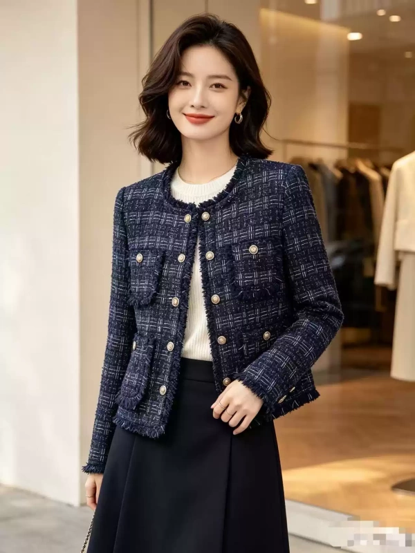 【Gaodi Silk】Gds 2026 New Navy Blue Round-Neck Frayed Edge Tweed Jacket Xy15998~