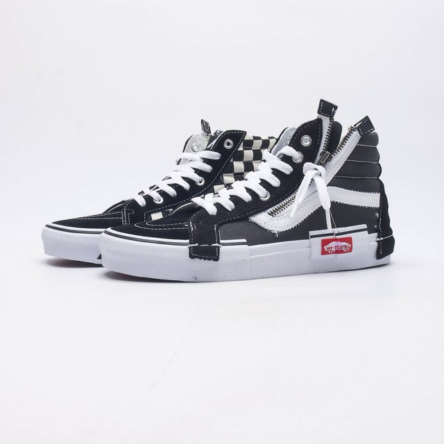 Sk8-Hi Cap Black and White High-Top Deconstructed Zipper Splicing Gray and Yellow Splicing Checkerboard Canvas Men's and Women's Shoes