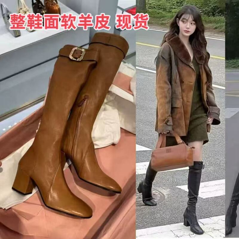 Thick-Heeled High-Heeled Slimming Elastic Boots for Women, High Boots, 2026 Autumn New Style, Genuine Leather, Versatile British Style Long Boots for Women Thick-Heeled High-Heeled Slimming Elastic Boots for Women, High Boots, 2026 Autumn New Style, Genuine Leather, Versatile British Style Long Boots for Women