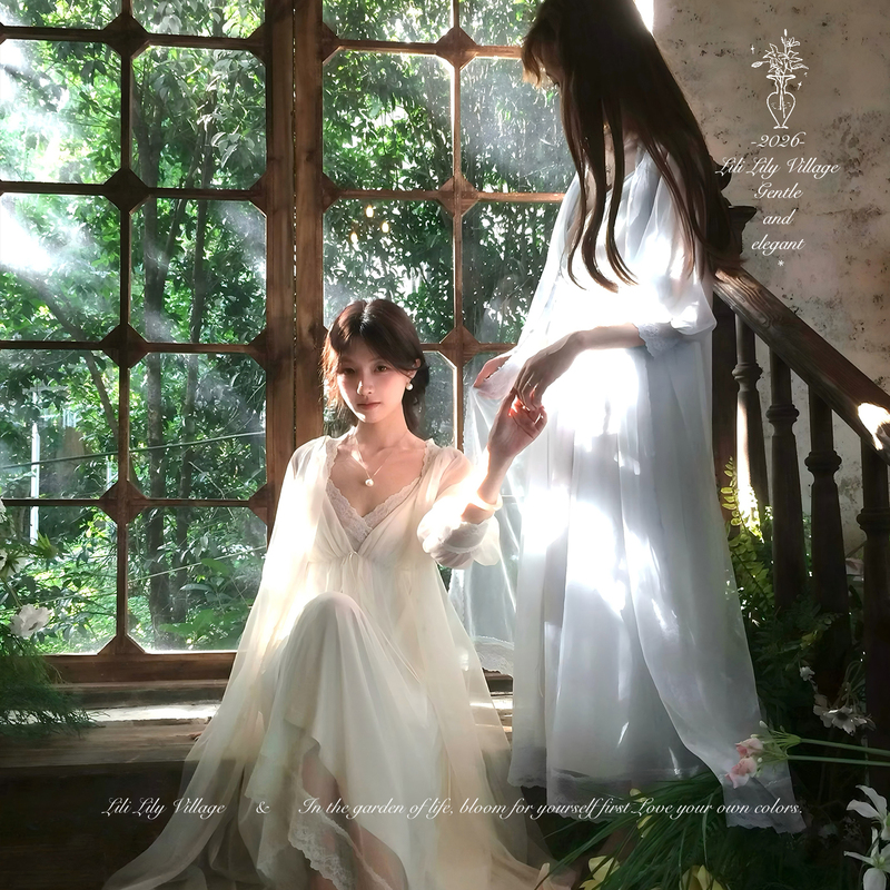 [Sleeping Beauty] Lili Lily Country Two-Tone Fairy-Like Soft Gauze Lace French Court Style Antique-Grade Nightgown Set