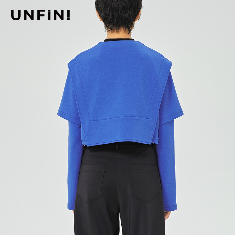 Unfini Women's Solid Color Faux Two-Piece Long-Sleeve Klein Blue Short Jacket with Unique Design and Casual Elegance