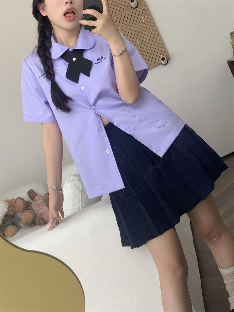 jk制服加工定制 泰式校服女孩学院风衬衫短袖款jk制服女夏季刺绣紫色套装高中班服