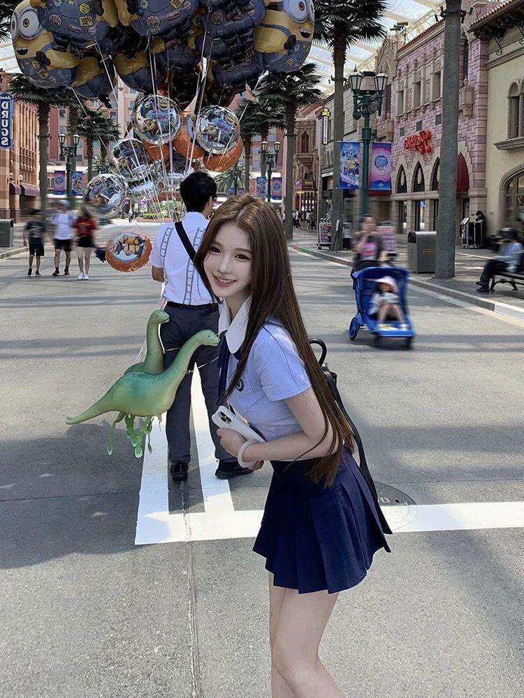 jk制服加工定制 蓝色学院风衬衫百褶裙套装女高级感jk上衣短裙两件套夏季2024新款
