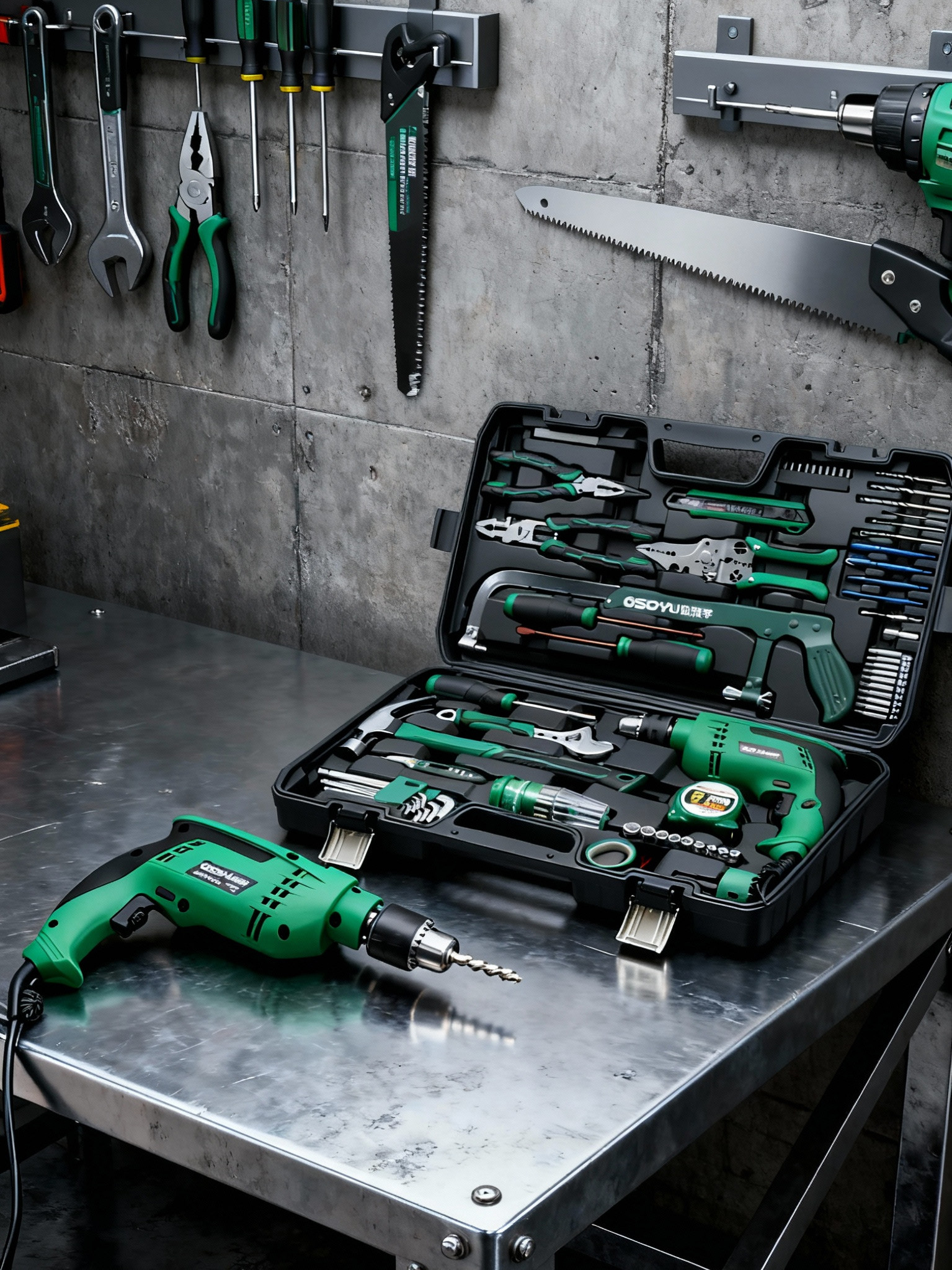 Industrial-Grade 220V Impact Drill Tool Box Set for Home Repair, Electrician Multi-Functional Hardware Combination Complete Set