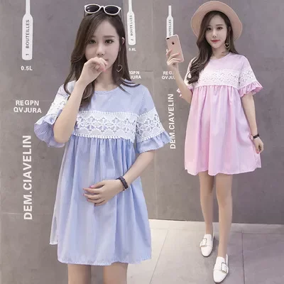 夏装上衣裙子中长款怀孕妇蕾丝孕妇装喇叭袖圆领衣服时尚潮新款