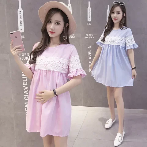 夏装上衣裙子中长款怀孕妇蕾丝孕妇装喇叭袖圆领衣服时尚潮新款