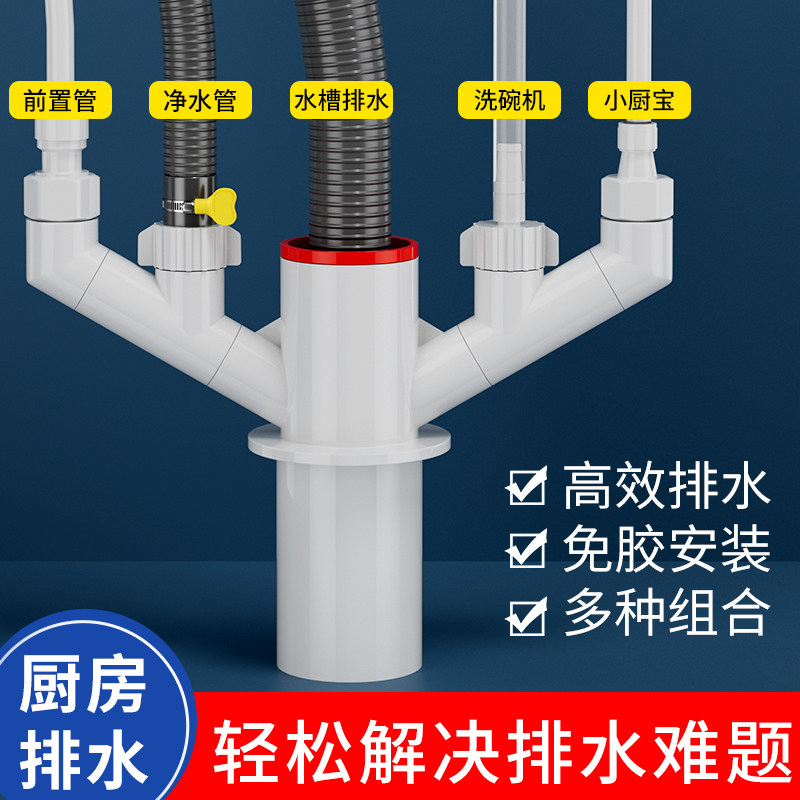 Kitchen Lower water pipe three-way deodorant multifunction drain water purifier Dishwasher Accessories Joint Sink water segregator-Taobao