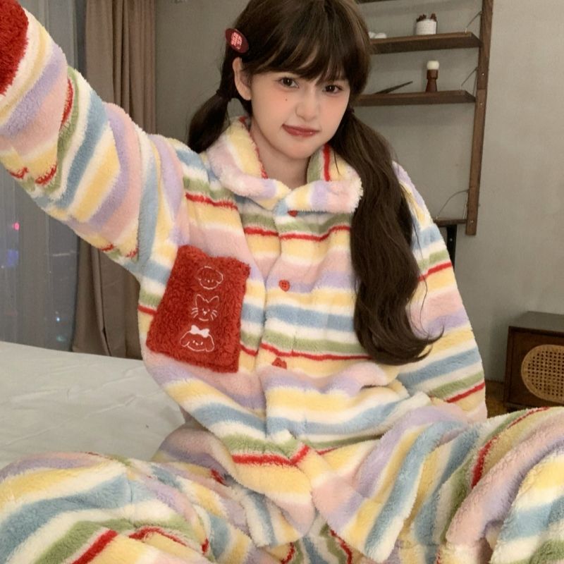 Coral Fleece Pajamas for Women, Autumn and Winter, Skin-Friendly Dopamine Rainbow Stripes, Thickened and Warm, Can Be Worn Outside, Homewear Set