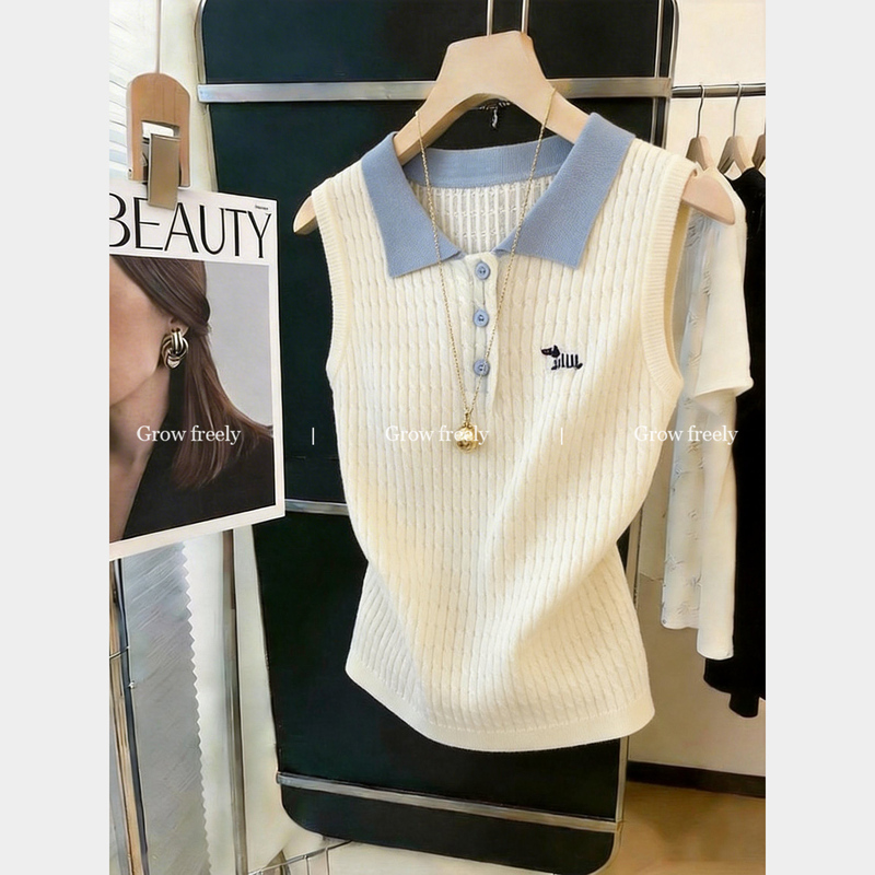 Grow Freely College Style Polo Collar Sleeveless Knitted Vest for Women Summer Work Clothing Age-Reducing Versatile T-Shirt Top Grow Freely College Style Polo Collar Sleeveless Knitted Vest for Women Summer Work Clothing Age-Reducing Versatile T-Shirt Top
