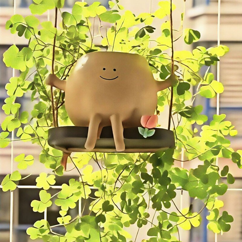 Smiling Swing Flower Pot, Green Plant, Cute Cradle Flower Pot Ornament, Home Courtyard, High-End Garden, Cute Flower Pot