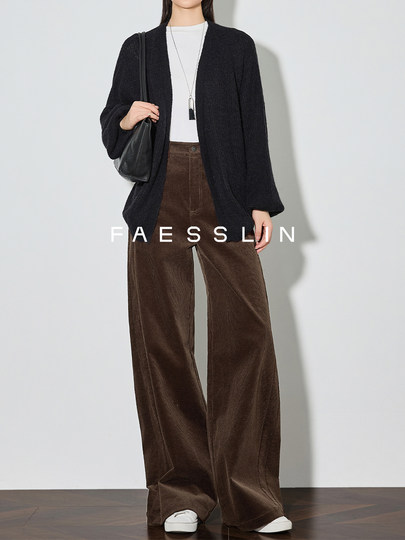 Faesslin Brown Corduroy Casual Pants for Women, High-Waisted, Slimming, Extended Wide-Leg Pants, New Autumn and Winter Banana Pants