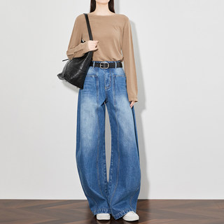 FAESSLIN蓝色高腰牛仔裤女显瘦阔腿裤加长镰刀裤春秋季新款弯刀裤