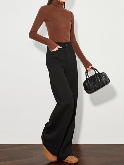 FAESSLIN【高级通勤】高腰黑色加绒休闲裤女冬加长拖地阔腿直筒裤