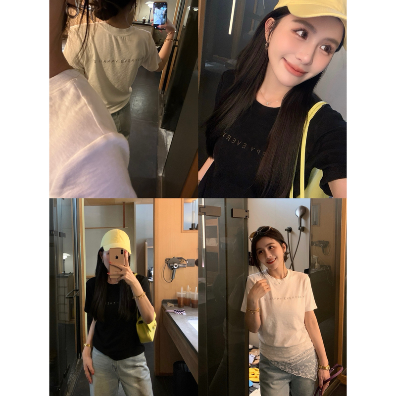 Ypp! Flashy Diamond Girl's Favorite Slimming Hot-Drilled Letter Round-Neck Elastic Short-Sleeve Top T-Shirt Ypp! Flashy Diamond Girl's Favorite Slimming Hot-Drilled Letter Round-Neck Elastic Short-Sleeve Top T-Shirt