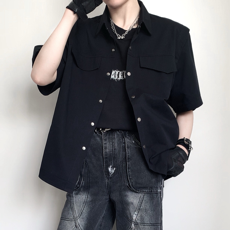 Lncr Japanese Retro Style Lapel Workwear Pocket Shirt Short Sleeve Unisex 2026 Summer Casual Commuting Button-Up Shirt