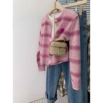 Pink striped short knitted cardigan for women in early autumn spring and autumn high-end sweater sweater jacket autumn and winter