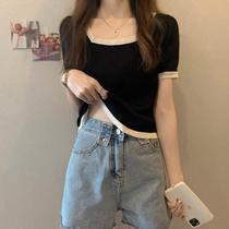 Summer womens new color block square neck T-shirt thin short-sleeved sweater womens style short top