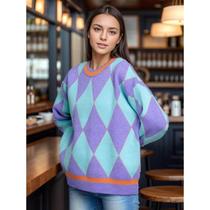 Contrast color rhombus sweater womens pullover 2024 autumn and winter new style loose lazy style sweater jacket