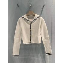 White navy collar knitted cardigan contrasting color sweet college style girl sweater jacket women early spring new style