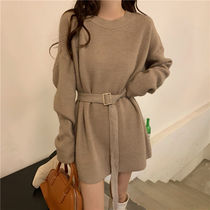 Japanese style lazy style mid-length sweater for women 2024 autumn and winter new round neck loose belt sweater womens jacket trend