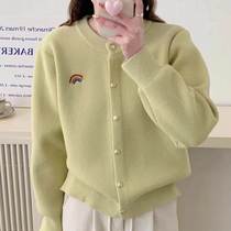 2024 spring new heavy metal buckle rainbow embroidery fashionable round neck button versatile soft waxy sweater cardigan for women