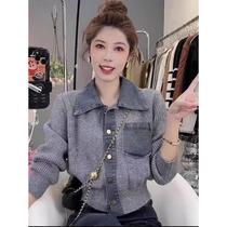 2024 new style lazy retro denim splicing temperament sweater jacket early autumn design niche short top for women