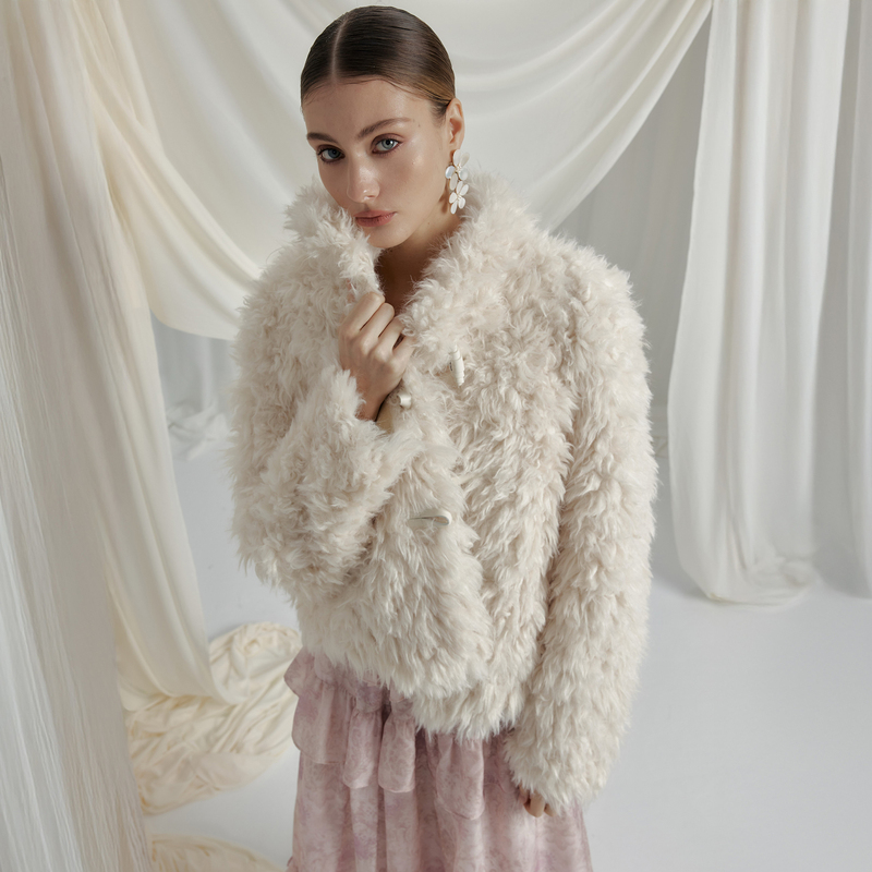 Lean Project "Polar Snow" Eco-Friendly Fur Off-White Slightly Curled Short Fur Coat Lean Project "Polar Snow" Eco-Friendly Fur Off-White Slightly Curled Short Fur Coat