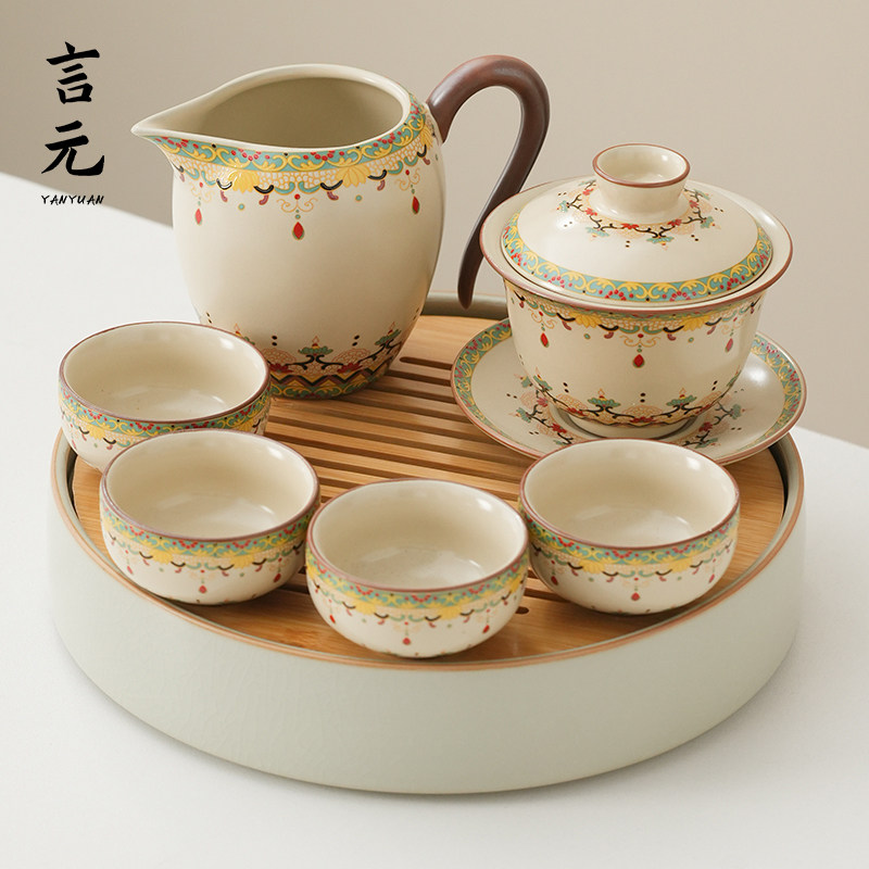 2025 новый чайный сервиз Ru kiln covered bowl, специальный набор для домашнего использования, легкие роскошные керамические чашки для чая кунг-фу высокого класса. Изображение 1