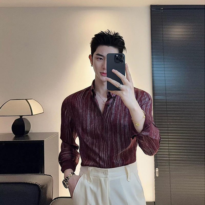 Designed Striped Shirt for Men, Long-Sleeved, Trendy Brand, Slim Fit, Drapey, High-End, Cool and Handsome Men's Clothing, Light Luxury, Hidden Button Shirt Designed Striped Shirt for Men, Long-Sleeved, Trendy Brand, Slim Fit, Drapey, High-End, Cool and Handsome Men's Clothing, Light Luxury, Hidden Button Shirt